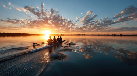 A stunning silhouette of rowers gliding across a tranquil lake at sunset, showcasing a beautiful sky filled with clouds and reflections in the water.の素材