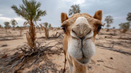 This captivating image features a close-up of a curious camel in a desert landscape, showcasing its unique features against a dramatic sky.の素材
