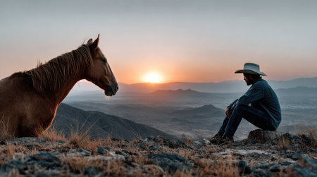 A serene scene depicting a horse and a cowboy sitting together while watching a stunning sunset over the mountains, capturing a moment of tranquility and connection.の素材