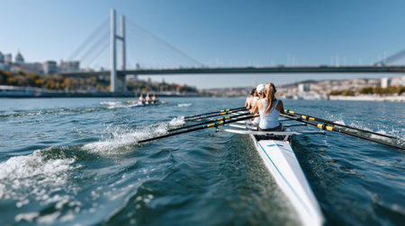 A dynamic scene of rowers in action on a sunny day. The backdrop features a modern bridge, highlighting the energy of the sport on a serene waterway.の素材