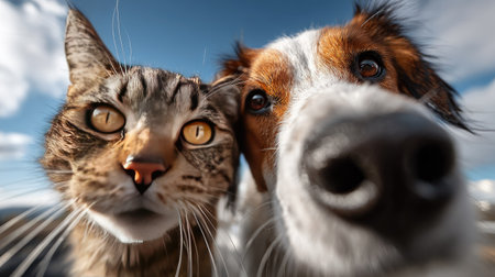 A charming close-up image of a cat and a dog sharing a playful moment outdoors, showcasing their adorable expressions in a bright and lively environment.の素材