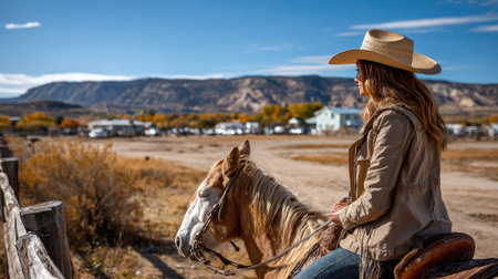 A woman wearing a cowboy hat sits on a horse, enjoying a peaceful view of a rural landscape adorned with autumn colors and distant mountains.の素材