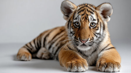 This captivating image features a playful tiger cub lounging comfortably, showcasing its striking fur patterns and expressive eyes in a neutral setting.の素材