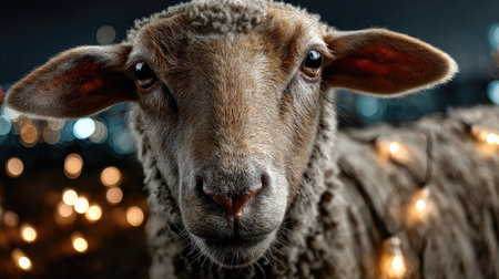 This captivating portrait features a sheep adorned with Christmas lights, set against a blurred night urban background, embodying festive charm.の素材