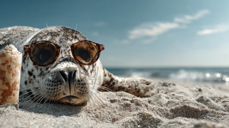 A charming seal lounges on the sandy beach, wearing stylish sunglasses and enjoying a delightful ice cream treat, encapsulating a playful summer vibe.の素材