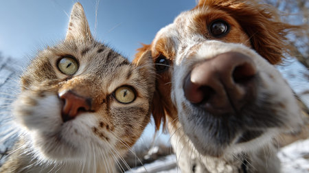 This heartwarming image captures the close-up of a cat and dog enjoying a sunny day outdoors. Their curious expressions and unique features highlight their friendship and playful bond.の素材