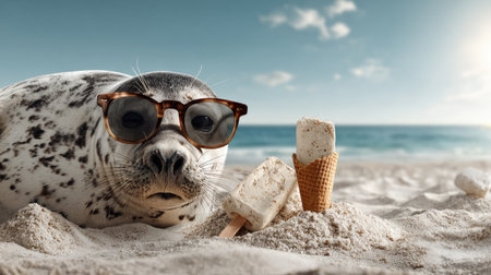 This image captures a charming seal wearing sunglasses while lounging on the beach, enjoying delicious ice cream treats. The sunny ocean backdrop adds a perfect summer vibe.の素材