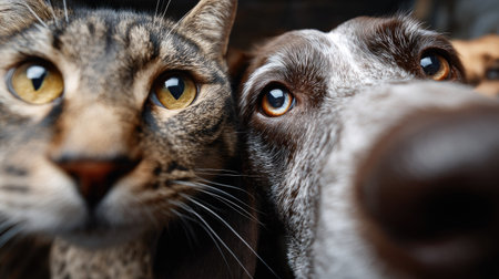 A captivating close-up of a cat and dog showcasing their unique bond through expressive eyes and playful curiosity, perfect for animal lovers.の素材