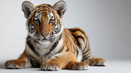 A charming young tiger cub lies calmly on a soft surface, showcasing its captivating eyes and distinct fur patterns, symbolizing wildlife and beauty.の素材