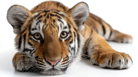 This stunning close-up photograph showcases a young tiger resting with an intense gaze. The vibrant patterns of its fur and expressive eyes capture the essence of wild beauty and innocence.の素材