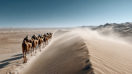 A serene view of a camel caravan traversing the sandy dunes of a vast desert. The scene captures the beauty of nature, adventure, and solitude.の素材