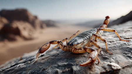 A close-up view of a scorpion perched on a rocky surface in a stunning desert landscape, showcasing intricate details of its body and environment.の素材