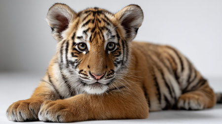 This captivating image features a young tiger cub resting on a smooth surface, showcasing its stunning fur patterns and expressive eyes. The playful nature of the cub brings a sense of innocence and beauty to the composition, making it an ideal representation of wildlife.の素材