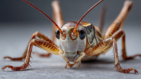 This striking macro photo captures a colorful cricket with intricate details, showcasing its antenna, eyes, and legs against a gray surface. Explore the beauty of nature's tiny creatures.の素材