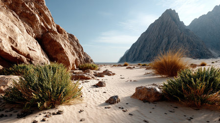This stunning desert landscape showcases rocky mountains alongside vibrant vegetation, highlighting the contrast between arid sand and lush plant life under a bright blue sky.の素材