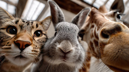 A charming close-up image showcasing the faces of a cat, rabbit, and giraffe, highlighting their unique features and expressions in an indoor setting.の素材