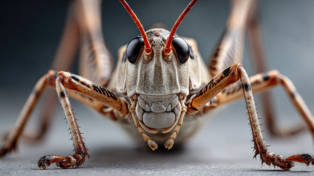 This striking close-up image showcases the intricate details of a grasshopper, emphasizing its vivid colors and distinct features, ideal for nature enthusiasts.の素材