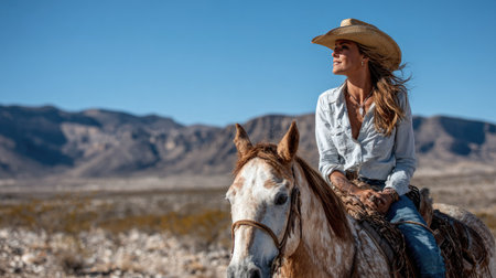 A woman wearing a cowboy hat sits on a horse, gazing thoughtfully into the distance. The picturesque desert landscape offers a serene and adventurous vibe.の素材