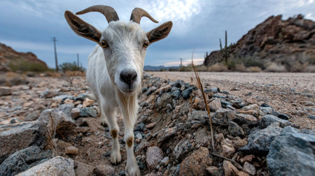 A curious goat approaches the camera on a rocky desert road, set against a backdrop of mountains and a dramatic cloudy sky, capturing rural charm.の素材