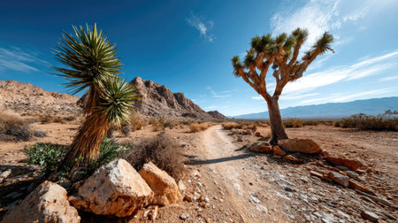 A captivating desert scene featuring Joshua trees and rocky terrain under a vivid blue sky, embodying the tranquility and beauty of nature's untouched landscapes.の素材