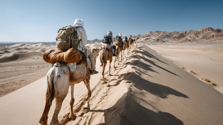 A captivating scene of a camel caravan traversing vast desert dunes under a clear blue sky, showcasing the beauty of nature and adventure in remote landscapes.の素材