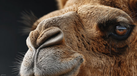 This captivating close-up captures the intricate details of a camel's face, showcasing its strong features and endearing expression set against a soft backdrop.の素材