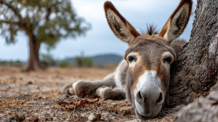 A tranquil scene featuring a donkey resting its head beside a tree in an arid landscape. Soft light enhances the serene ambiance, showcasing the animal's gentle demeanor.の素材