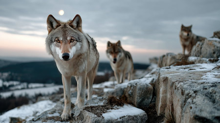 A trio of beautiful wolves stands on a rugged rocky outcrop under a moonlit sky. This tranquil winter scene captures the essence of wildlife in its natural habitat.の素材