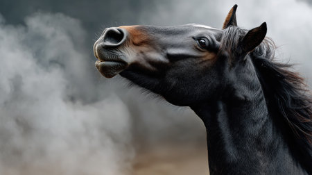 Capture the essence of a majestic black horse with flowing mane, set against a dramatic background of clouds and soft smoke, showcasing natural beauty.の素材