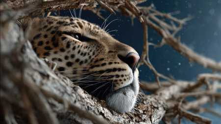 A stunning close-up of a leopard resting among intricately twisted branches, showcasing its beautiful fur and intense gaze. This serene moment highlights the elegance and wild nature of this magnificent big cat.の素材