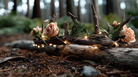 This enchanting image features a rustic floral crown adorned with soft roses and twinkling lights, resting on a log in a tranquil forest.の素材