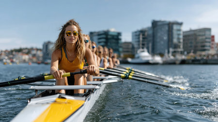 A determined female rower leads her team through calm waters, showcasing strength and focus while training against a vibrant urban backdrop.の素材