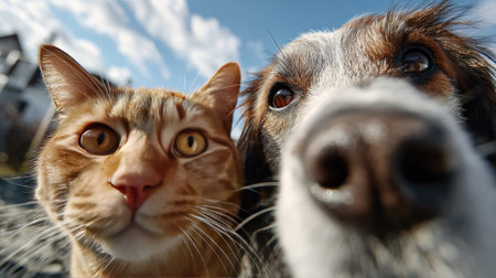 A delightful close-up image showcasing an orange cat and a brown dog with expressive faces against a bright blue sky, highlighting their playful interaction.の素材