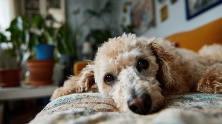 A charming and relaxed dog lies on a cozy couch in a bright living room, surrounded by lush plants and colorful decor, embodying warmth and tranquility.の素材