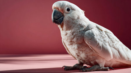 A captivating close-up of a white tropical bird with unique feathers, showcasing its charm against a soft pink background in natural light.の素材