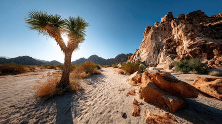 A stunning view of a Joshua Tree standing tall in a serene desert environment, surrounded by large rocky formations under a bright blue sky.の素材