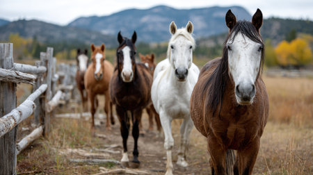 A captivating scene featuring a herd of horses walking along a rustic path. Set against a backdrop of majestic mountains and autumn foliage, this image captures the essence of rural tranquility and natural beauty.の素材