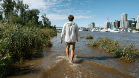 A person walks through shallow water beside a city skyline. Tall buildings and boats create a stunning backdrop against a bright sky, showcasing urban life and nature.の素材