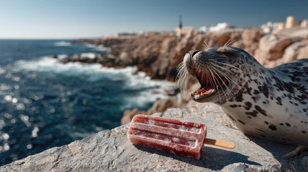 A playful seal sits on a rocky shore, enjoying a colorful popsicle under the bright sun. The scenic ocean view enhances the serene atmosphere of summer.の素材