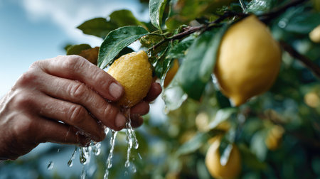 A close-up view of a hand picking a ripe lemon from a tree, with water droplets cascading down, capturing the essence of fresh harvest in a sunny orchard.の素材
