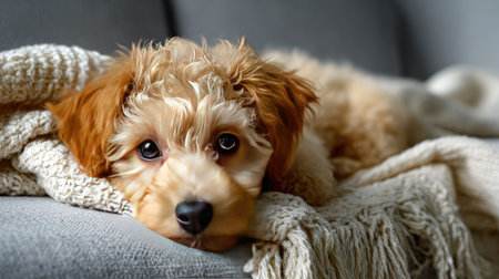 An adorable fluffy puppy rests on a cozy blanket, showcasing a serene expression. This delightful scene captures the warmth and joy of a loving pet in a contemporary living space.の素材