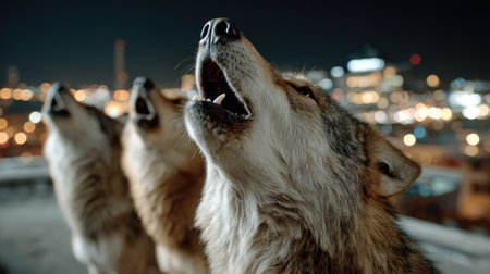 A powerful image of wolves howling at the night sky, with distant city lights creating a striking contrast. This photo captures the essence of wildlife in urban settings.の素材