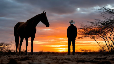 A stunning silhouette of a cowboy and his horse framed against a vibrant sunset. This serene scene captures the essence of freedom and connection in nature.の素材