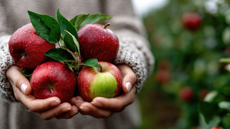 A person holds a group of freshly picked apples, showcasing vibrant red and green varieties amidst a beautiful orchard background, representing a bountiful harvest.の素材