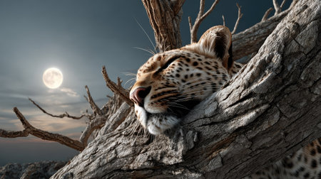 A serene image of a leopard resting on a tree branch under the glowing moonlight. The peaceful atmosphere captures the essence of wildlife at night.の素材