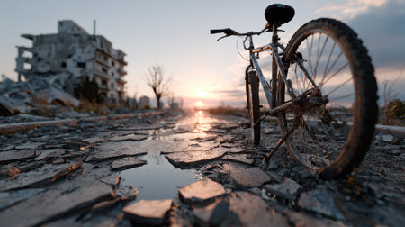 A lonely bicycle rests on a cracked concrete path surrounded by ruins, capturing the essence of urban decay as the sun sets, reflecting in puddles.の素材