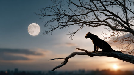 A striking silhouette of a panther perched on a branch gazes at a full moon, set against a tranquil dusk landscape. This scene captures the serene beauty of wildlife in nature.の素材