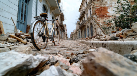 A vintage bicycle rests on a cobblestone street lined with crumbled buildings, evoking a sense of nostalgia and exploration in a forgotten town.の素材