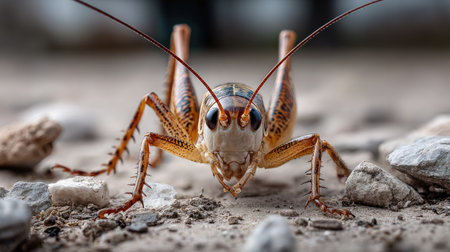 A stunning close-up shot of a cricket on a rocky surface, emphasizing its detailed features and vibrant colors, perfect for nature and macro photography enthusiasts.の素材