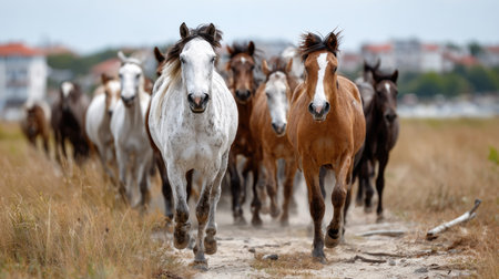 A dynamic scene depicting a herd of horses galloping through a grassy landscape, showcasing their beauty and spirit in a natural outdoor setting.の素材